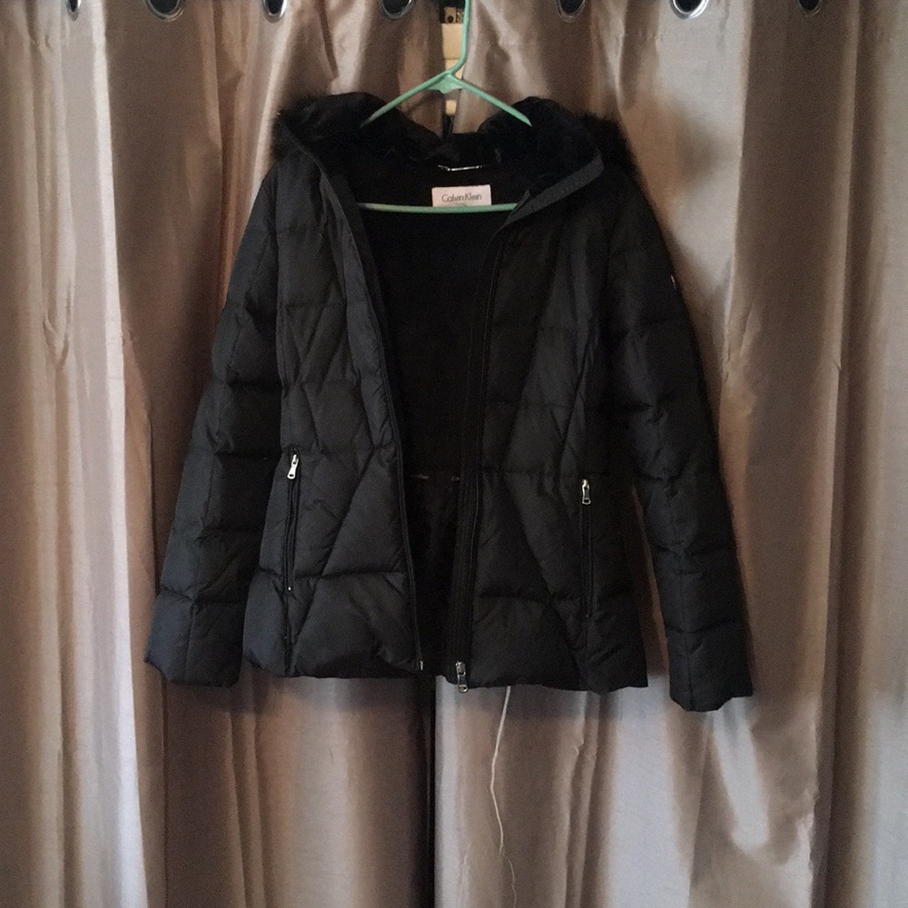 Calvin Klein Feather Puffer Jacket Faux Fur Hood.